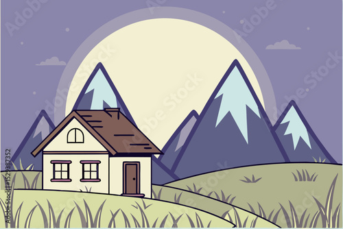 Serene mountain landscape with cozy house beneath a glowing moon and stars