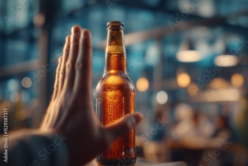 A hand preventing the intake of alcohol, declining a beer bottle, focus on the beer, alcohol abuse prevention, healthy lifestyle and responsible drinking concept
