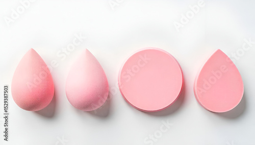 A set of colorful makeup sponges is artistically arranged on a soft pink background, highlighting essential beauty tools for flawless makeup application.