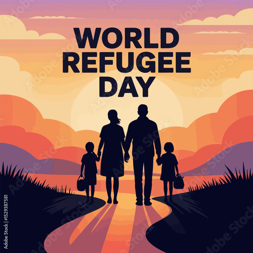 World Refugee Day Family Journey Illustration Sunset Path Hope