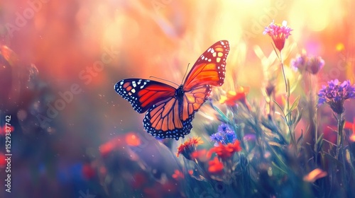 A monarch butterfly rests amidst vibrant wildflowers bathed in warm sunlight