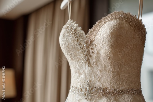 A beautiful ivory lace wedding dress with beaded bodice and belt hangs elegantly, ready for a special day, showcasing intricate detailing and luxurious fabric.
