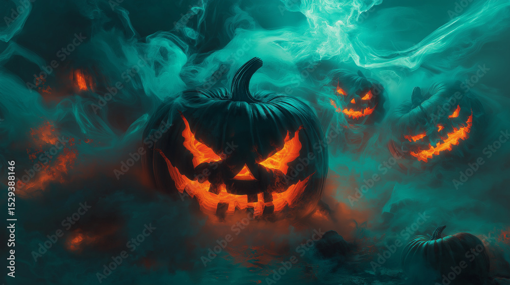 Fototapeta premium Spooky halloween scene featuring glowing jack o lanterns eerily surrounded by smoke