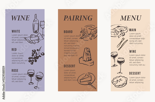 Cafe menu templates with hand drawn graphic elements, brush line art food illustrations, wine and charcuterie drawings, main course and dessert