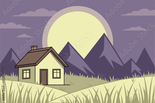 Serene sunset scene depicting a simple house in a mountainous landscape