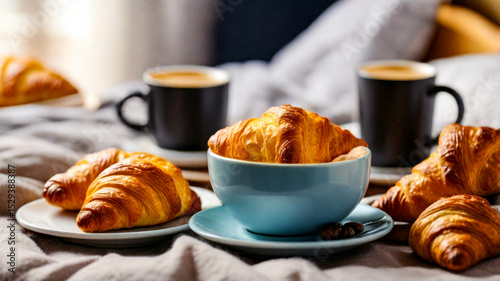 Breakfast on a white bed, croissant and a cup of black coffee, breakfast in the morning in the hotel room