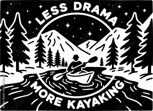 Stylized kayaking scene under starry sky with mountains and trees in bold vintage line art