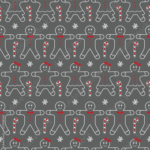 Christmas Outline Seamless Pattern. Christmas and New year Holiday Repeatable Gingerbread Cookies Candy Canes and Snowflakes Wallpaper, Wrapping paper, Card or Banner Template or Fabric Textile Prints