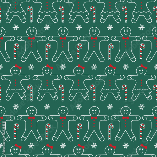 Christmas Outline Seamless Pattern. Christmas and New year Holiday Repeatable Gingerbread Cookies Candy Canes and Snowflakes Wallpaper, Wrapping paper, Card or Banner Template or Fabric Textile Prints