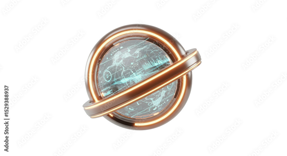 Fototapeta premium Futuristic glowing sphere with copper rings isolated on white background