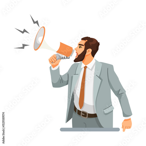 Businessman in suit shouting through megaphone with sound waves, flat graphic style on white background. Concept of noise pollution. Vector illustration