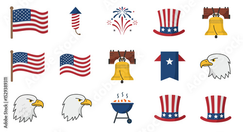 Patriotic American Icons Flags, Fireworks, Eagle, Liberty Bell & More