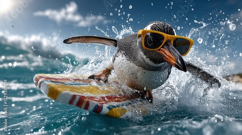Funny penguin surfing on waves with sunglasses on colorful surfboard amid splashing water