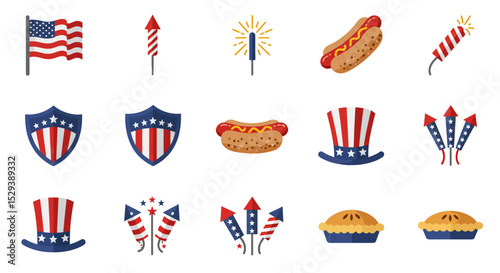 Patriotic Fourth of July Icons American Flag, Fireworks, Hot Dogs, and More