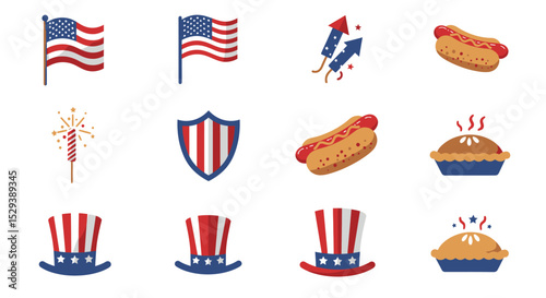 Patriotic American Icons Flags, Fireworks, Food & More