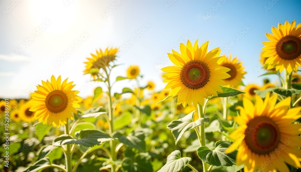 Fototapeta premium Bright sunflowers blooming in field under clear blue sky 