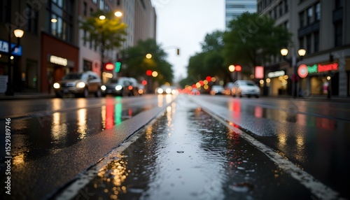 Rain-soaked street view with glowing lights and reflections at dusk  