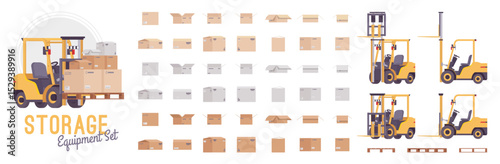 Forklift vehicle lifting moving heavy cardboard parcel box pallets set. Storage rearrange, organize inventory in warehouse items, goods purchased pack, shipping, mailing package. Vector illustration