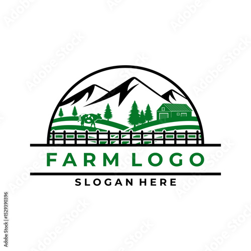 Farm land with view logo design vector. Farm logo design template