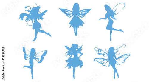 Eight Light Blue Fairy Silhouettes White Background