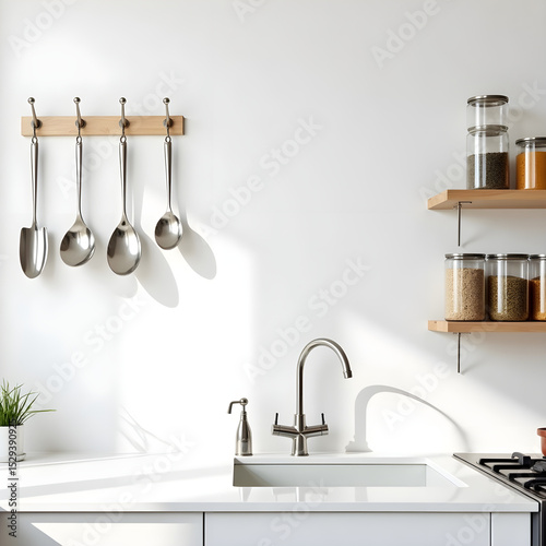 Clean white kitchen with hanging utensils and spice rack – A functional, bright kitchen space with visible utensils, spice jars, and a ceramic sink, realistic detail on white background.


