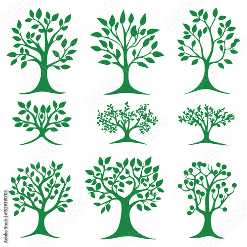 Nine Green Tree Silhouettes Various Styles leaves branches
