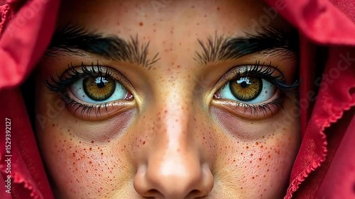 The young girl's face is covered with freckles, the charming brown eyes of the beautiful girl look straight ahead