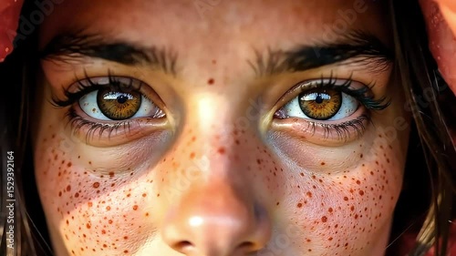 The young girl's face is covered with freckles, the charming brown eyes of the beautiful girl look straight ahead