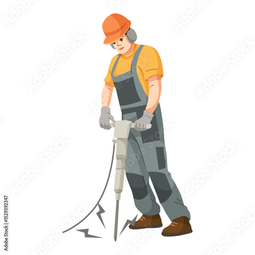 Construction worker operating a jackhammer with sound waves, flat cartoon style on white background. Concept of noise and sound pollution. Vector illustration