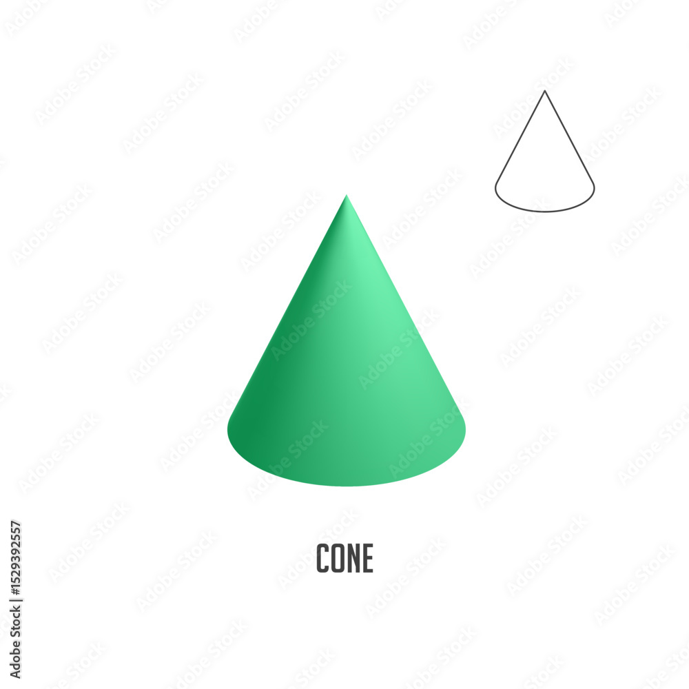 Fototapeta premium Green cone with its outline representing geometric figure and simple shapes, useful for educational purpose regarding geometry, mathematics and basic forms
