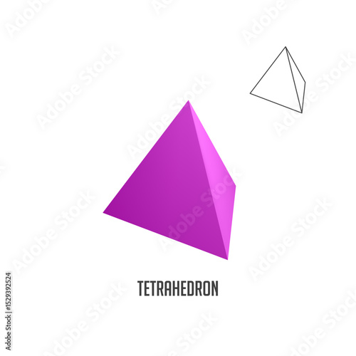 Purple tetrahedron rotating in space with its wireframe showing a platonic solid, perfect for educational and scientific projects related to geometry and mathematics