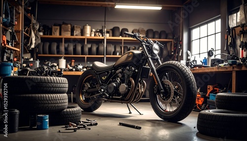 Custom Motorcycle in Garage Workshop.