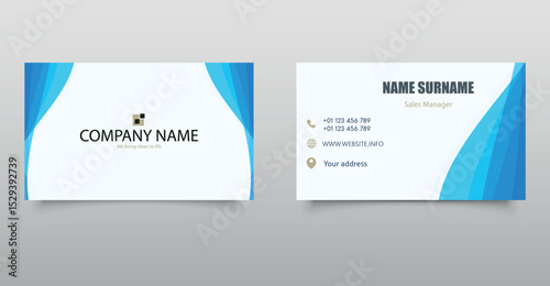 Business card with blue waves design. Editable file.