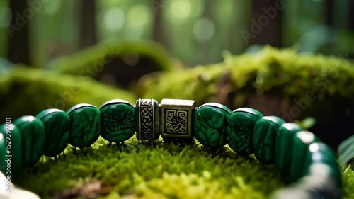 Artisan crafted beaded bracelet made from green malachite gemstone displayed on vibrant moss in forest setting creating natural scene.