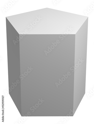 Gray pentagonal prism standing on white background representing geometry, mathematics, three dimensions, and architectural concepts, creating a visually appealing and educational image