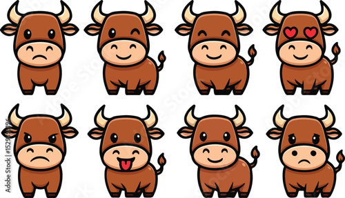 vector illustration of buffalo bull cow funny cute simple cartoon mascot character cartoon with 8 poses 