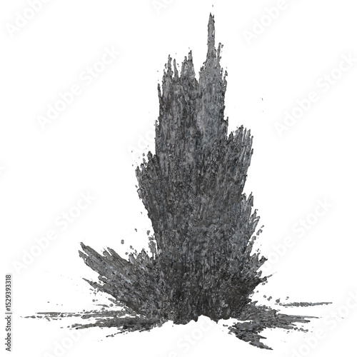 A grayscale digital rendering depicts a plume of particulate matter, resembling a stylized explosion or geyser, with texture suggesting a rough, fragmented surface. 