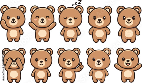 vector illustration of little baby teddy bear funny cute simple cartoon mascot character cartoon with 10 poses
