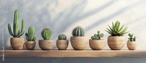 wooden pots with cacti standing on a wooden ledge