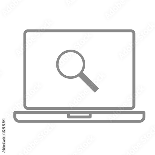 虫眼鏡が表示されたシンプルなノートパソコンのアイコンイラスト
