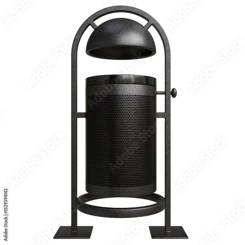A dark-grey, cylindrical trash receptacle with a textured surface, enclosed within a curved metal stand featuring a domed top.  The stand has a small door and rests on a square base
