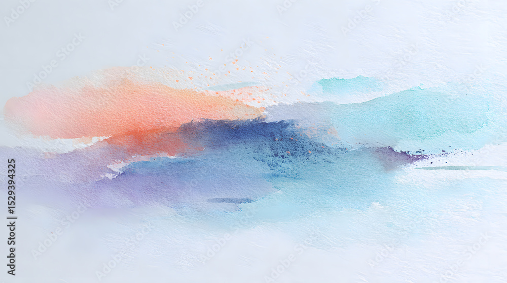 Fototapeta premium A sophisticated abstract watercolor landscape created with flowing pastel tones on a white background. The composition features soft smears of coral, mint, and light lavender that blend harmoniously.