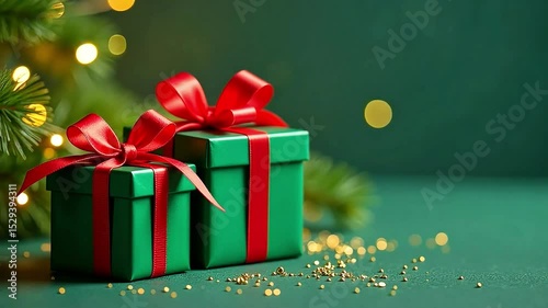 Animated video banner with elegant green gift boxes on festive background, christmas and new year concept
