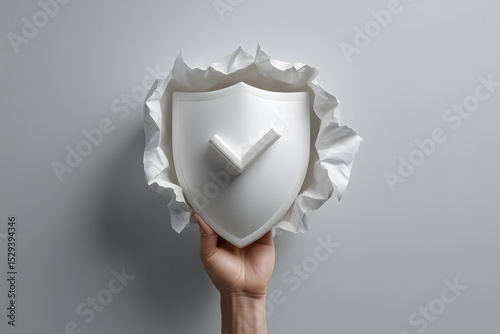 Hand is crafting shield with check mark, symbolizing protection and approval, against gray background