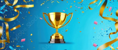 Golden trophy and streamers- business and competition concept- blue background