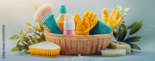 Natural cleaning products. Brushes- sponges- rubber gloves and natural cleaning products in a basket.