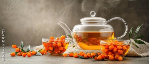 Sea buckthorn tea in a transparent glass teapot and cups with fresh berries and sea buckthorn leaves. Herbal vitamin tea.