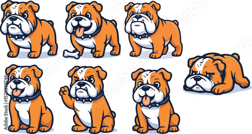 vector illustration of bulldog pitbul dog funny cute simple cartoon mascot character cartoon with 7 poses 01