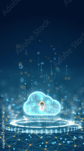Motion graphic of a glowing cloud with a padlock symbol, illustrating cloud security, encryption, and digital privacy in a vertical video format.