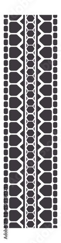 Vertical close up of tire tread pattern featuring repeating geometric shapes, lines, and textures, creating a visually striking design suitable for automotive and transportation related projects